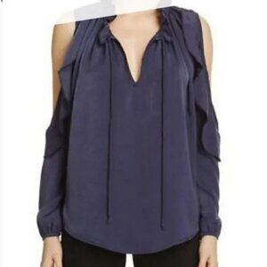 Vintage Havana Cold Shoulder Ruffle Blouse Navy Blue